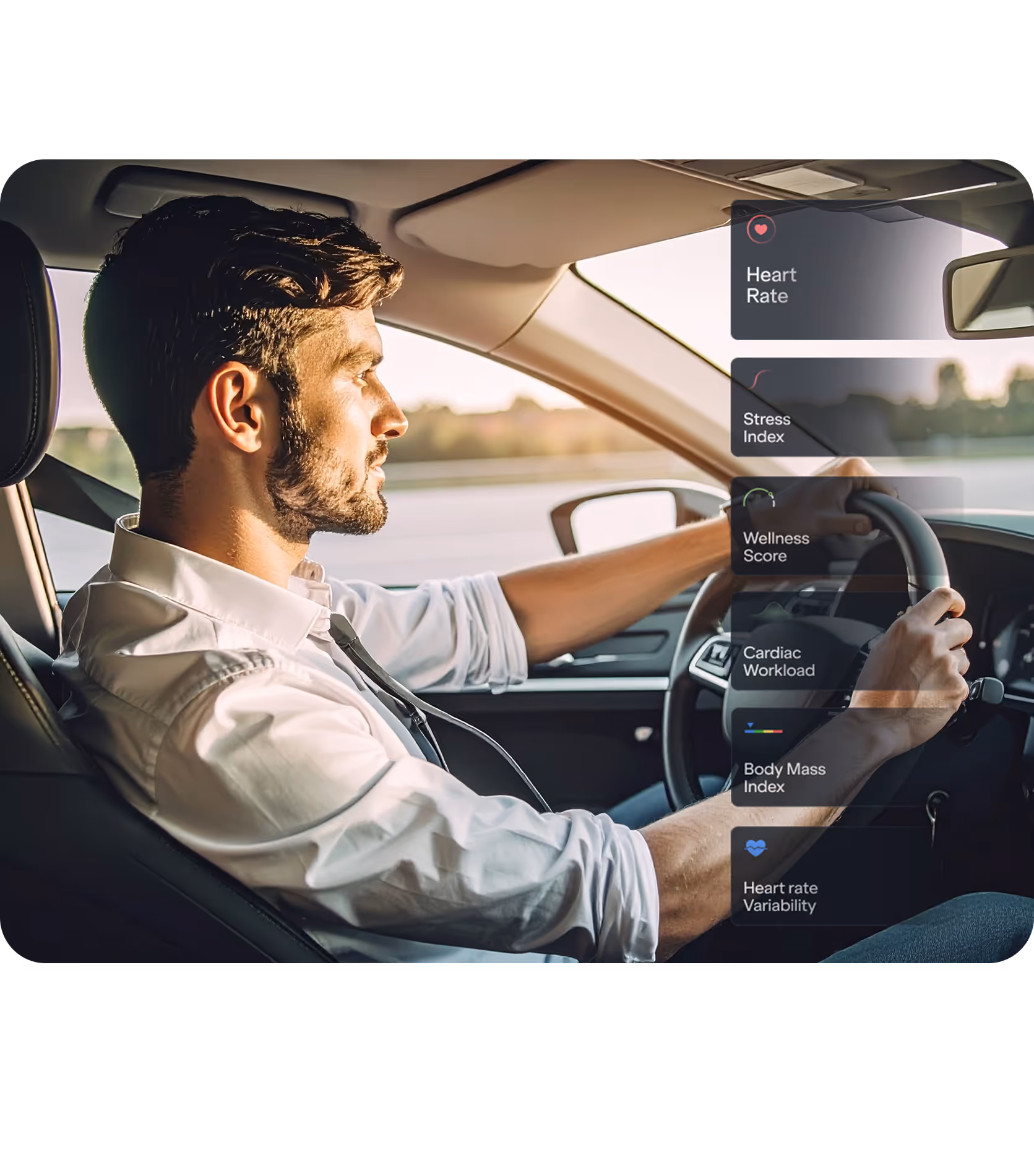 Man driving a car with digital health monitoring metrics overlaid, including heart rate, stress index, wellness score, cardiac workload, body mass index, and heart rate variability.